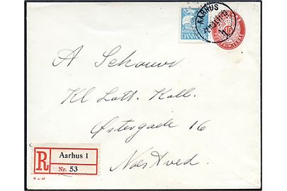 15 øre helsagskuvert opfrankeret med 25 øre Karavel sendt anbefalet fra Aarhus 1 d. 7.11.1931 til Næstved.