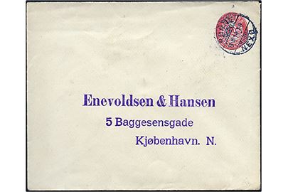 10 øre helsagskuvert annulleret med bureaustempel Rønne - Nexø T.8 d. 13.4.1910 til Kjøbenhavn.