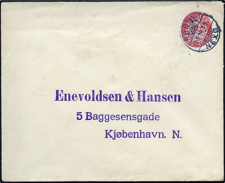 10 øre helsagskuvert annulleret med bureaustempel Rønne - Nexø T.8 d. 13.4.1910 til Kjøbenhavn.