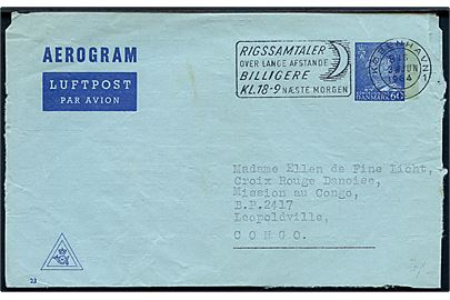 60 øre Fr. IX helsags aerogram (fabr. 23) fra København d. 3.6.1964 til Dansk Røde Kors Mission i Congo, B.P. 2417, Leopoldville, Congo. Urent åbnet. 