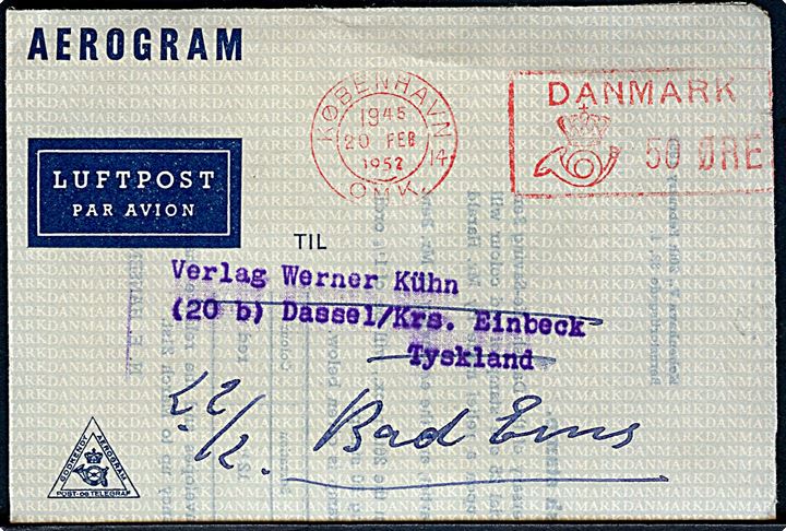 50 øre posthusfranko København OMK sn 14 d. 20.2.1952 på privat Aerogram fra Postvæsnets Salgskontor til Dassel, Tyskland - eftersendt til Bad Ems. Indeholder meddelelse om nyt frimærke: 30 øre Redningsvæsenet.