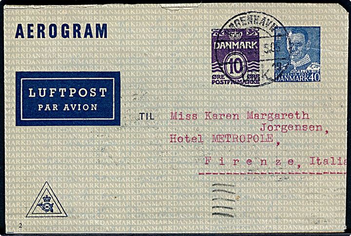 40+10 øre provisorisk helsags aerogram (fabr. 2) fra København d. 10.8.1951 til Firenze, Italien.