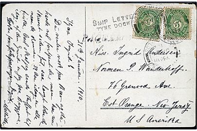 5 øre Posthorn (2) på brevkort (Langbryggen, Arendal) annulleret med engelsk stempel  Tyne Docks d. 21.1.1910 og sidestemplet Ship Letter Tyne Docks B.O. og Paquebot til East Orange, USA. 