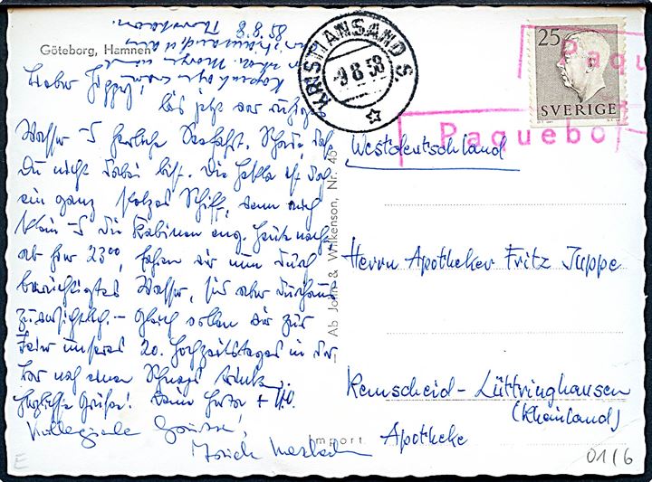 25 öre Gustaf på brevkort (Havneparti fra Göteborg) annulleret med norsk skibsstempel Paquebot og sidestemplet Kristiansand S. d. 9.8.1958 til Remscheid, Tyskland.