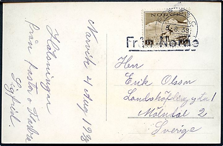 15 øre Turist udg. på brevkort (Malmtog på Ofotsbanen ved Narvik) annulleret med svensk bureaustempel PKP 53 C (= Boden - Kiruna) d. 5.8.1938 og Från Norge til Mölndal, Sverige.