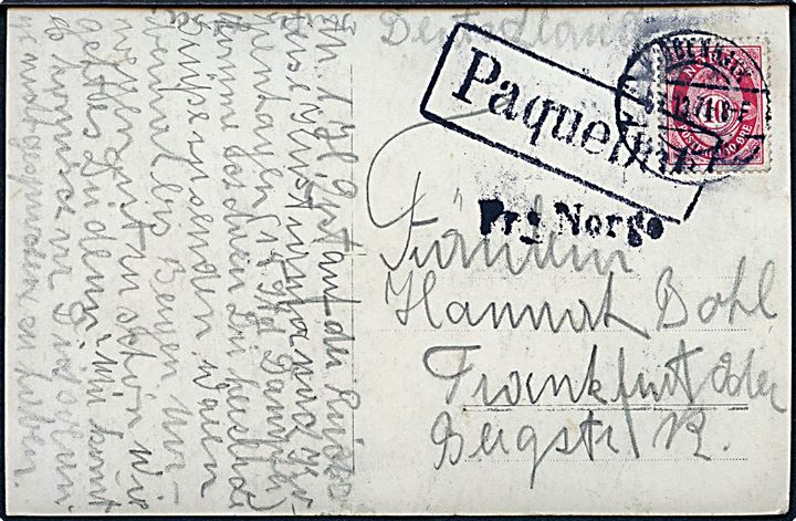 10 øre Posthorn på brevkort (Vossbanen) annulleret med dansk stempel i Kjøbenhavn d. 6.7.1913 og sidestemplet både Paquebot og Fra Norge til Frankfurt, Tyskland.
