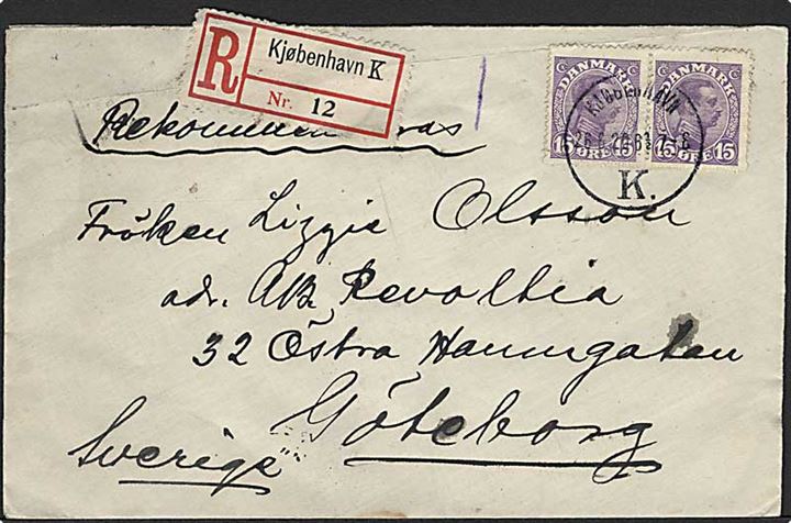 15 øre Chr. X i parstykke på anbefalet brev fra Kjøbenhavn d. 26.6.1920 til Göteborg, Sverige.