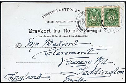 5 øre Posthorn i parstykke på brevkort (Kvinde i folkedragt) annulleret med engelsk skibsstempel Paquebot Hull d. 2.2.1905 til England.