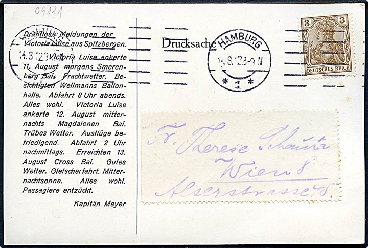 3 pfg. Germania på tryksag (Bellsund, Spitzbergen) med telegramhilsen fra dampskibet S/S Victoria Luise ved Spitzbergen på Hamburg-Amerika Linie Nordlandfahrt stemplet Hamburg d. 14.3.1912 til Wien, Østrig.