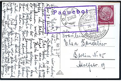 15 pfg. Hindenburg på brevkort (Bergen, Norge) annulleret med tysk skibsstempel Deutsche Schiffspost MS Monte Rosa Nordland-Reise d. 24.7.1938 og norsk stempel Kopervik d. 25.7.1938 og Paquebot til Berlin, Tyskland.