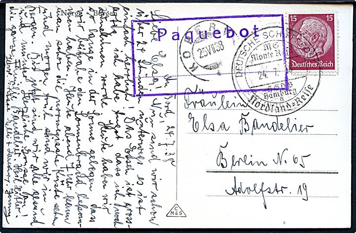 15 pfg. Hindenburg på brevkort (Bergen, Norge) annulleret med tysk skibsstempel Deutsche Schiffspost MS Monte Rosa Nordland-Reise d. 24.7.1938 og norsk stempel Kopervik d. 25.7.1938 og Paquebot til Berlin, Tyskland.