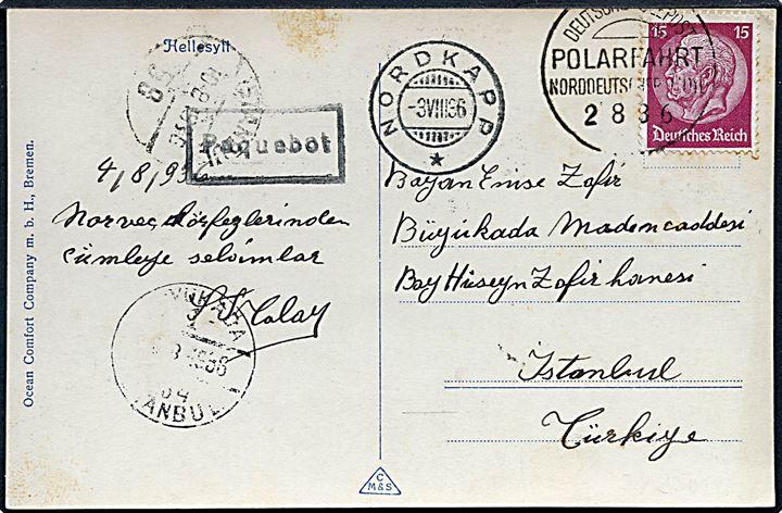 15 pfg. Hindenburg på brevkort annulleret med skibsstempel Deutsche Seepost Polarfahrt Norddeutscher Lloyd d. 2.8.1936 og sidestemplet Nordkapp d. 3.8.1936 og Paquebot til Istanbul, Tyrkiet.
