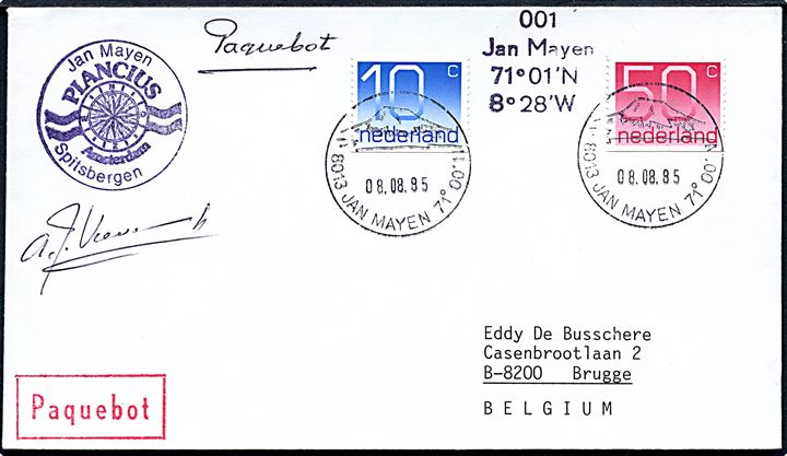 Hollandsk 10 c. og 50 c. på skibsbrev annulleret Jan Mayen d. 8.8.1985 og sidestemplet Paquebot til Brugge, Belgien. Endvidere ekspeditions/skibsstempel, Jan Mayen vejrkort stempel og signatur.