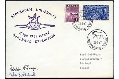 5 øre London udg. og 30 øre Sturlason på ekspeditionsbrev stemplet Longyearbyen d. 28.7.1967 til Sverige. Ekspeditionsstempel: Stockholm University Edge Island 1967 Svalbard Expedition.
