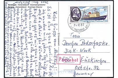 Russisk 10 kop. på brevkort annulleret med norsk stempel i Tromsø d. 24.7.1982 og sidestemplet Paquebot til Euskinchen, Tyskland. Fra M/S Estonia.