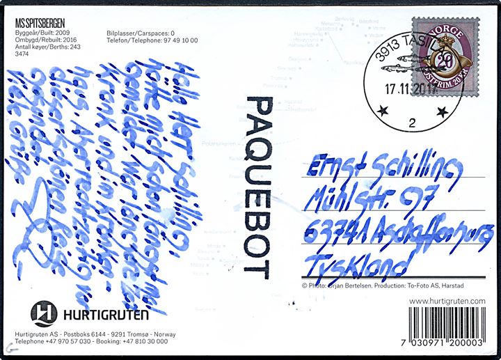 Norsk 20 kr. Posthorn på brevkort (M/S Spitsbergen) annulleret med grønlandsk stempel 3913 Tasilaq d. 17.11.2017 og sidestemplet Paquebot til Aschaffenburg, Tyskland.