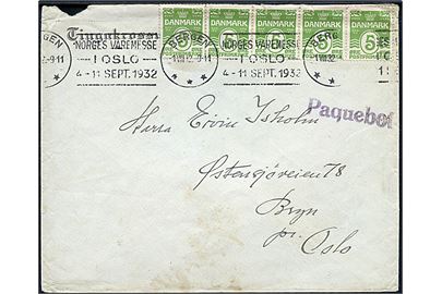 5 øre Bølgelinie (5) på fortrykt kuvert fra Tingakrossur (Færøsk avis) annulleret med norsk maskinstempel i Bergen d. 1.8.1932 og sidestemplet Paquebot til Oslo.