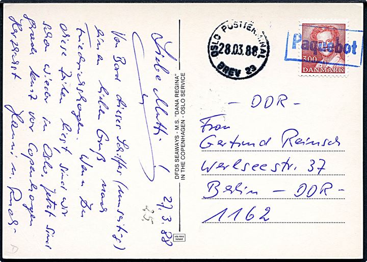 3 kr. Margrethe på brevkort (DFDS skibet M/S Dana Regina) annulleret med skibsstempel Paquebot og sidestemplet Oslo Postterminal d. 28.3.1988 til Østberlin, DDR.