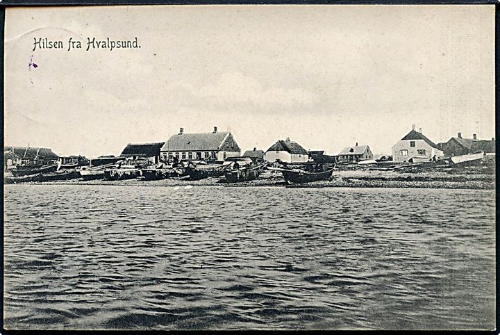 5 øre Fr. VIII på brevkort (Hilsen fra Hvalpsund) annulleret med VIOLET brotype IIa Hvalpsund d. 24.9.1910 til Rønne på Bornholm. Stempel anvendt ca. 1 år tidligere end registreret af Vagn Jensen.