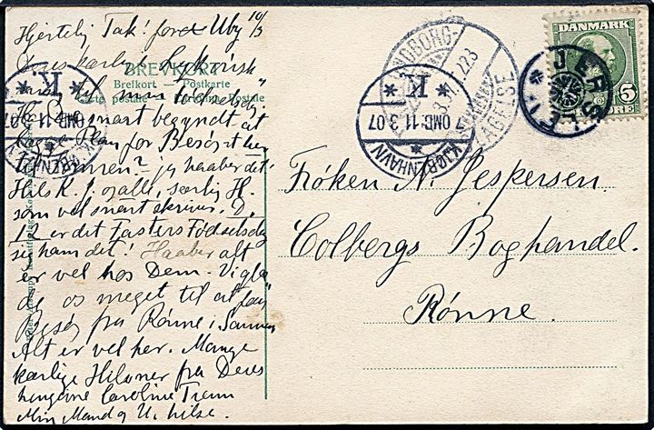 5 øre Chr. IX på brevkort annulleret med stjernestempel JERSLEV og sidestemplet bureau Kalundborg - Slagelse T.223 d. x.3.1907 til Rønne. 