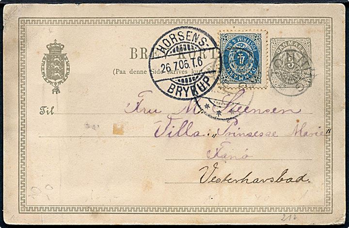 3 øre helsagsbrevkort opfrankeret med 4 øre Tofarvet annulleret med stjernestempel TØNNING og sidestemplet bureau Horsens - Bryrup T.6 d. 26.7.1906 til Fanø Vesterhavsbad.