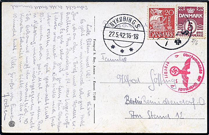 5 øre Bølgelinie og 20 øre Karavel på brevkort (St. Petri Landskolehjem ved Lumsaas) annulleret med udslebet stjernestempel LUMSAAS og sidestemplet Nykøbing S. d. 22.5.1942 til Berlin, Tyskland. Tysk censur fra Berlin.