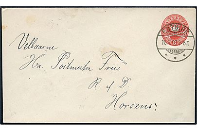 8 øre helsagskuvert (afkortet i venstre side) annulleret med tydeligt brotype Ia Østbirk d. 18.7.1895 til Postmester Friis i Horsens.