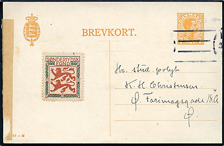 7 øre Chr. X helsagsbrevkort (fabr. 52-M) med Sønderjydsk Fond mærkat dateret 21.12.1919 og sendt lokalt i Kjøbenhavn.