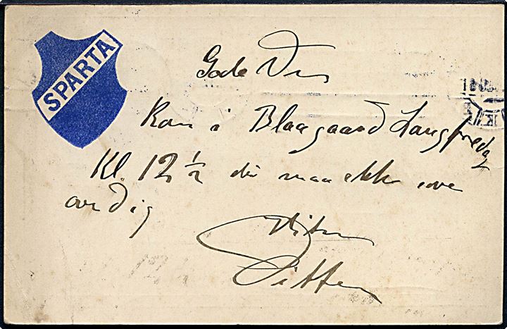 3 øre helsagsbrevkort med privat tiltryk Sparta (Idrætsforeningen Sparta) sendt lokalt i Kjøbenhavn d. 13.4.1911.