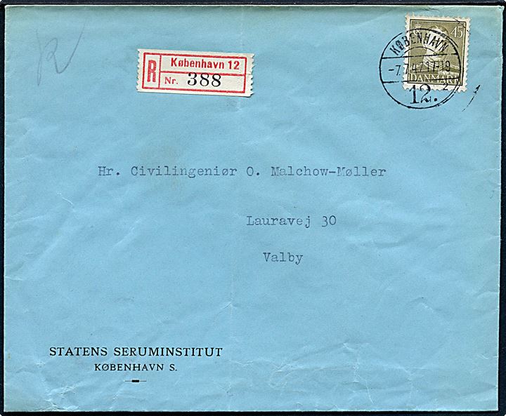 45 øre Chr. X single på lokalt anbefalet brev i København d. 7.7.1947 til Valby.