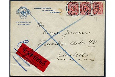 20 øre Frimærkejubilæum i vandret 3-stribe på fortrykt kuvert fra Park Hotel sendt som ekspres fra Odense d. 4.9.19262 til Aarhus.