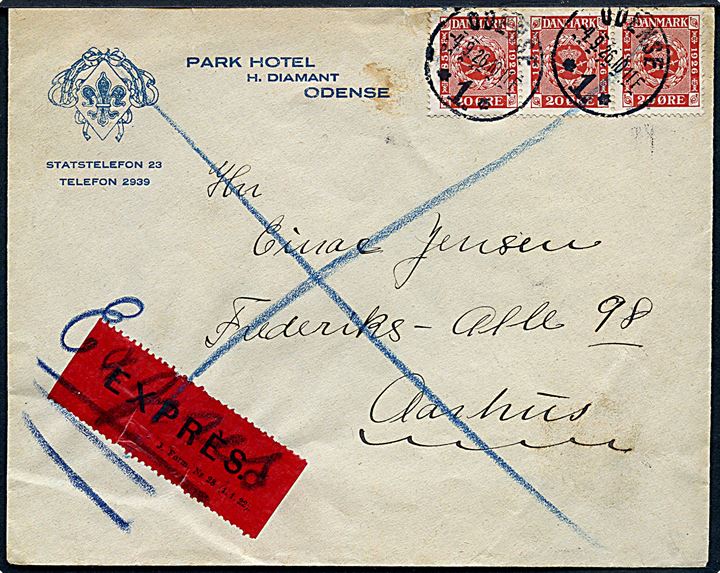 20 øre Frimærkejubilæum i vandret 3-stribe på fortrykt kuvert fra Park Hotel sendt som ekspres fra Odense d. 4.9.19262 til Aarhus.