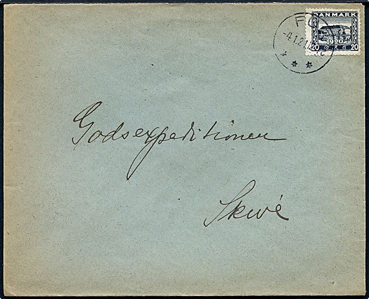 20 øre Genforening på brev annulleret med brotype IIIb Fur d. 4.1.1921 til Skive.