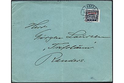 20+10 øre Røde Kors provisorium single på brev annulleret med bureaustempel Langaa - Struer T.1021 d. 13.4.1922 til Randers.