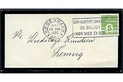 5 øre Bølgelinie single på lille sørgekuvert sendt som tryksag fra København d. 10.8.1933 til Lemvig.
