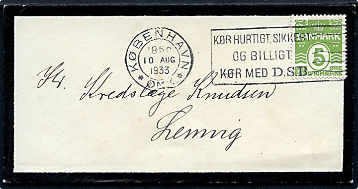 5 øre Bølgelinie single på lille sørgekuvert sendt som tryksag fra København d. 10.8.1933 til Lemvig.