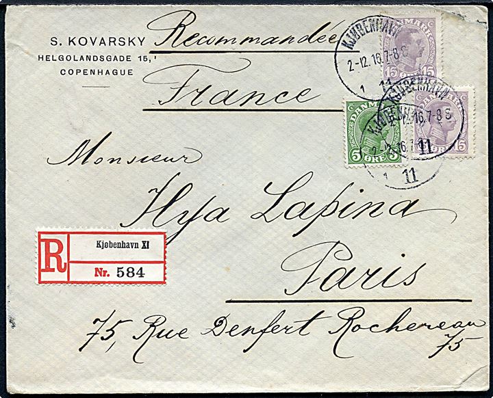 5 øre og 15 øre (2) Chr. X på anbefalet brev fra Kjøbenhavn d. 2.12.1916 til Paris, Frankrig. Uden tegn på censur.