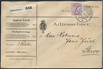 15 øre Våben single på adressebrev for pakke fra Kjøbenhavn d. 27.4.1905 til Skive.