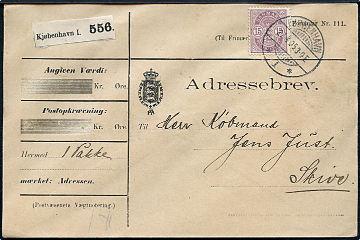 15 øre Våben single på adressebrev for pakke fra Kjøbenhavn d. 27.4.1905 til Skive.