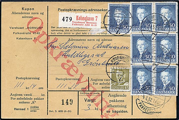 45 øre Chr. X og 50 øre Ørsted (7) på postopkrævnings-adressekort fra København d. 3.1.1952 til Kutdligssat, Grønland.
