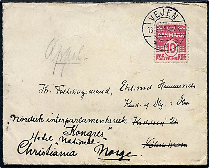 10 øre Bølgelinie på brev annulleret med brotype IIb Vejen d. 18.6.1914 til Folketingsmand Etatsråd Hammerich i København - eftersendt til Nordisk Interparlamentarisk Kongres i Christiania, Norge. 