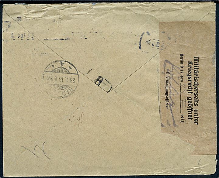 10 øre og 20 øre (par) Chr. X på ekspresbrev fra Kjøbenhavn d. 6.1.1918 til Berlin, Tyskland. Åbnet af tysk censur i Berlin og påskrevet 4 som markering af befordring med rørpost til postkontor Berlin 4. 
