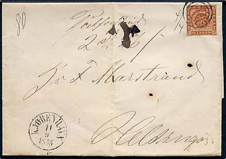 4 sk. 1854 udg. på brev med postforskud 2 rd 26 sk. annulleret med nr.stempel 1 og sidestemplet antiqua Kjøbenhavn d. 11.9.1854 til Helsingør.