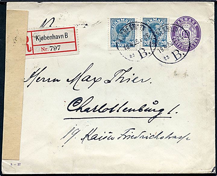15 øre helsagskuvert (fabr. S-27) opfrankeret med 20 øre Chr. X (2) og sendt anbefalet fra Kjøbenhavn d. 18.4.1920 til Charlottenburg, Tyskland. Åbnet af tysk valutakontrol.