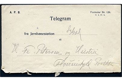 A.P.B. (Aalborg Privatbaner) Telegram kuvert - formular Nr. 120 - modtaget på jernbanestationen i Dybvad til Flauenskjold. Indeholder telegramformular Form. Nr. 119 med meddelelse fra København d. 6.5.1924.