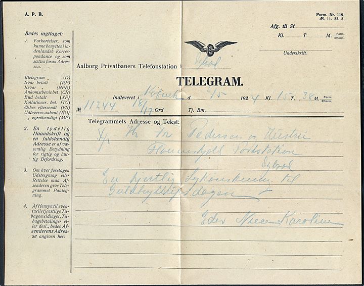 A.P.B. (Aalborg Privatbaner) Telegram kuvert - formular Nr. 120 - modtaget på jernbanestationen i Dybvad til Flauenskjold. Indeholder telegramformular Form. Nr. 119 med meddelelse fra København d. 6.5.1924.