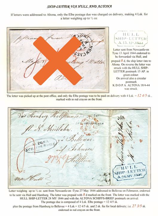 8d prepaid letter from Newcastle-on-Tyne on 27.5.1846 endorsed ”Via Hamburg Hull Steamer” to Bellevue on isle of Fehmarn, Holstein. Transit blue HULL SHIP-LETTER on 28.5.1846 and ALTONA SCHIFFS-BRIEF. Charged double Elbe postage 8 Lsk. = 25 3/5 sk. Total of 27 3/5 sk. due paid by recipient. Signed Carl H. Lange – ex. Mark Lorentzen.