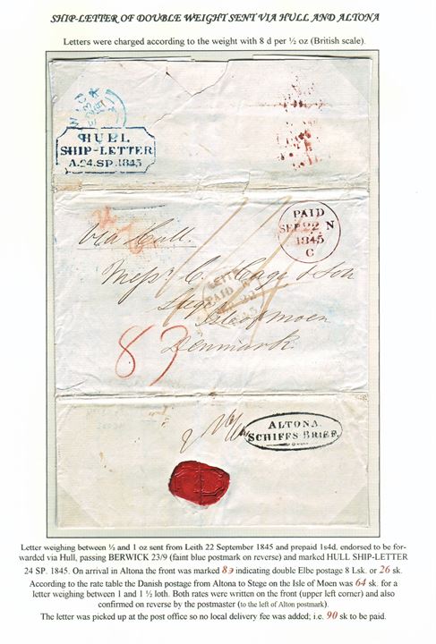 1sh4d prepaid double weight letter from Leith on 22.9.1845 endorsed “Via Hull” via Berwick to Stege on isle of Moen, Denmark. Transit blue HULL SHIP-LETTER on 24.9.1845 and ALTONA SCHIFFS-BRIEF. Letter charged double Elbe postage of 8 Lsk.~26 sk. and Danish postage of 64 sk. from Altona to Stege. A total of 90 sk. paid by recipient. Mounted on exhibition page – ex. Mark Lorentzen.