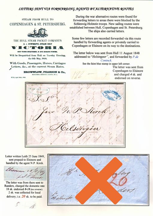 Stampless letter dated Hull on 11.8.1849 conveyed by private steamer to Copenhagen – form here forwarded by agent “P. de Coninck” on 19.8.1849 to Elsinore. During the 1st Schleswig war alternative routes were found – like the private steamship service from Hull to Copenhagen and St. St. Petersburg. Ex. Mark Lorentzen