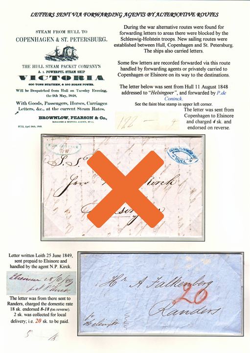 Stampless letter dated in Leith on 25.6.1849 endorsed ”fr. Helsingør” til Randers, Danmark. Letter conveyed by private ship to Elsinore and from here forwarded by agent N. P. Kirck on 28.6.1849 to Randers. Domestic postage of 20 sk. paid by the recipient. Ex. Mark Lorentzen.